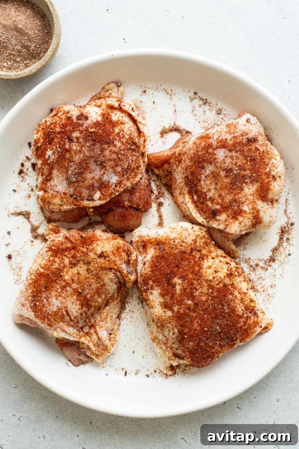 Perfectly Seared Cast Iron Chicken Thighs 3 Seasoned bone-in, skin-on chicken thighs perfectly prepped and ready for searing in a cast iron skillet.