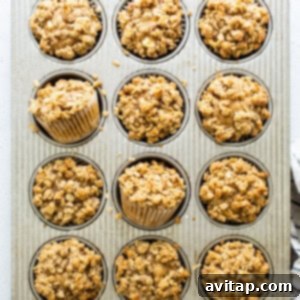 Freshly baked oatmeal muffins with a golden-brown streusel topping, cooling in a muffin tin.