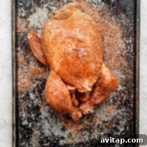 A seasoned whole roasted chicken resting on a baking sheet before cooking.