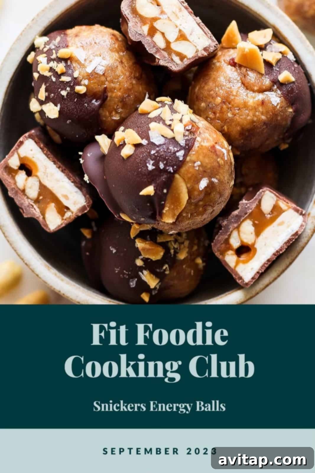 Fit Foodie Cooking Club September 2023 featuring Snickers Energy Balls, a delicious and healthy snack.