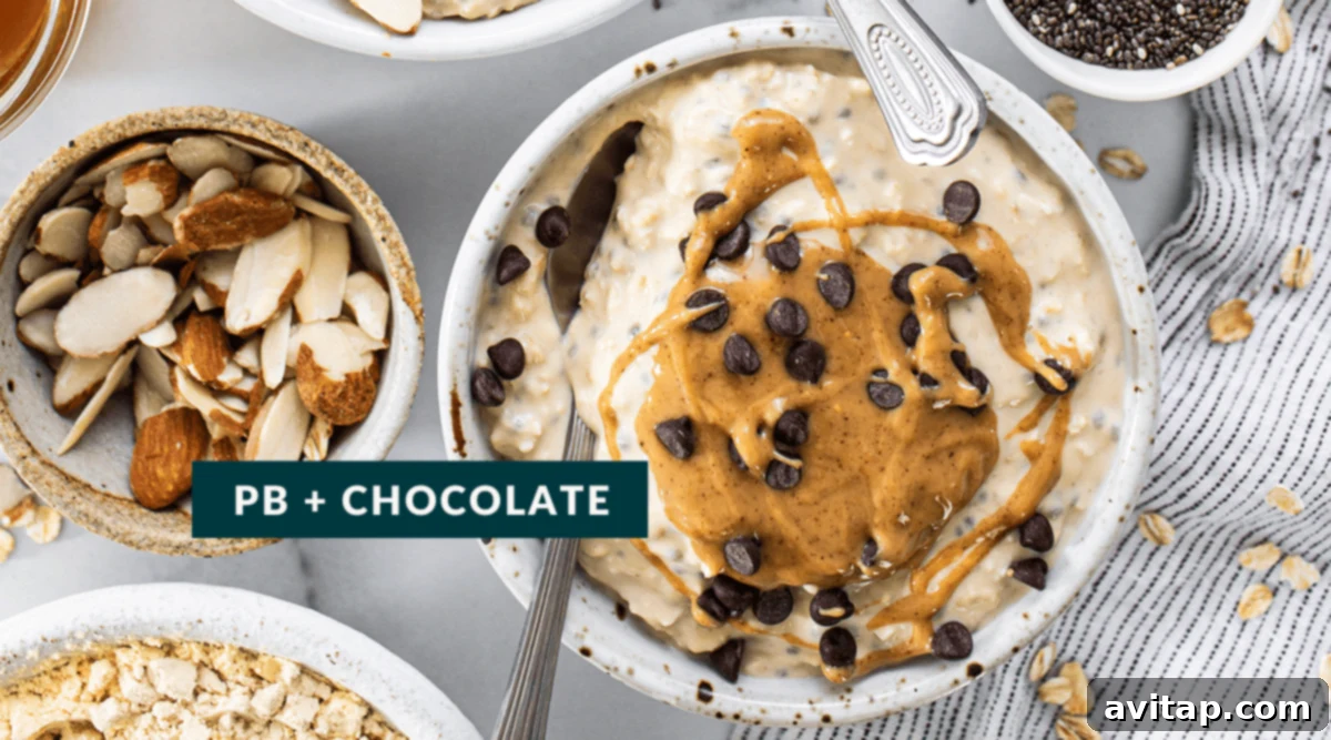 Protein Overnight Oats Three Delicious Varieties 7 A rich bowl of chocolate peanut butter protein overnight oats, adorned with a swirl of peanut butter and a scattering of mini chocolate chips, looking irresistibly decadent.