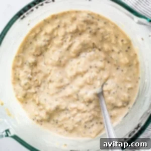 A bowl of overnight oats, fully prepared and ready to be covered and refrigerated.