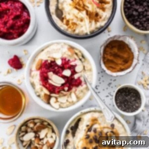 A collection of oatmeal bowls, each prepared with various fruits and toppings, ready to be enjoyed after refrigeration.