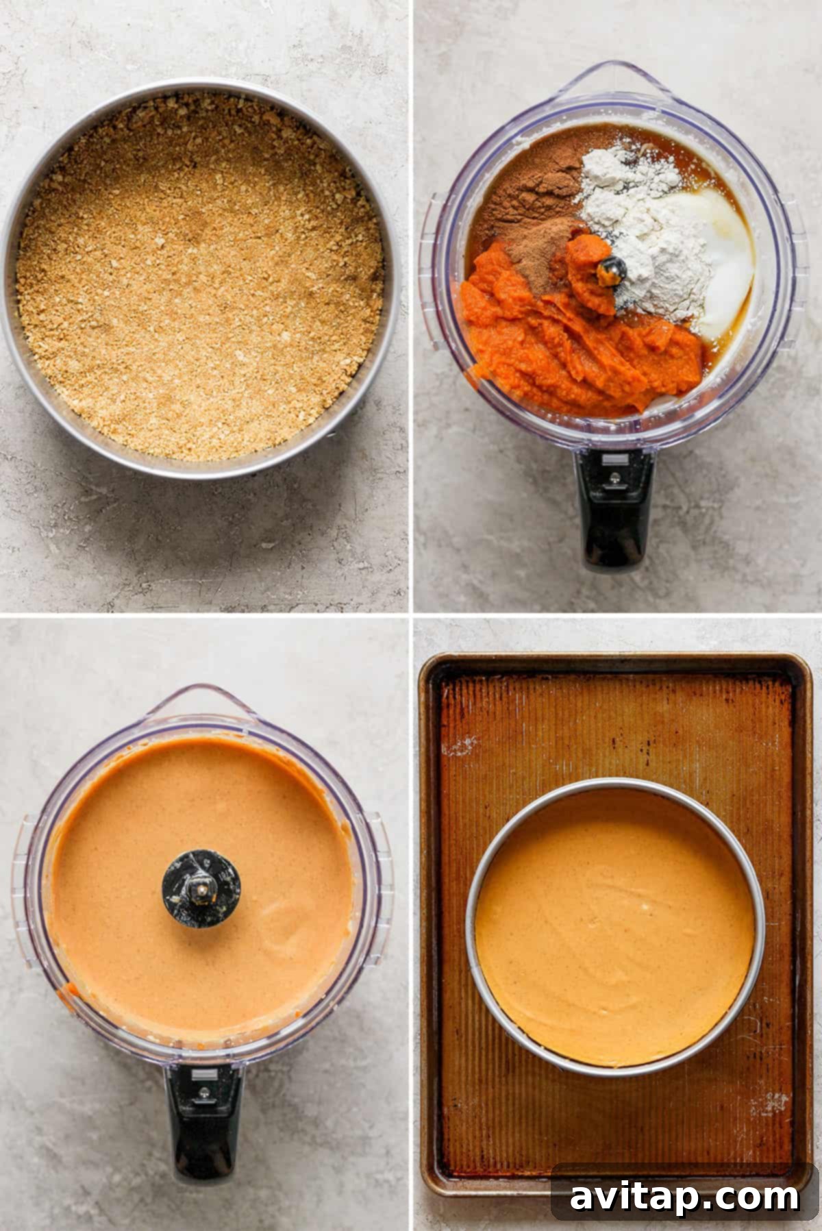 A visual collage showing the step-by-step process of preparing a high-protein pumpkin cheesecake, from mixing ingredients to final baking.