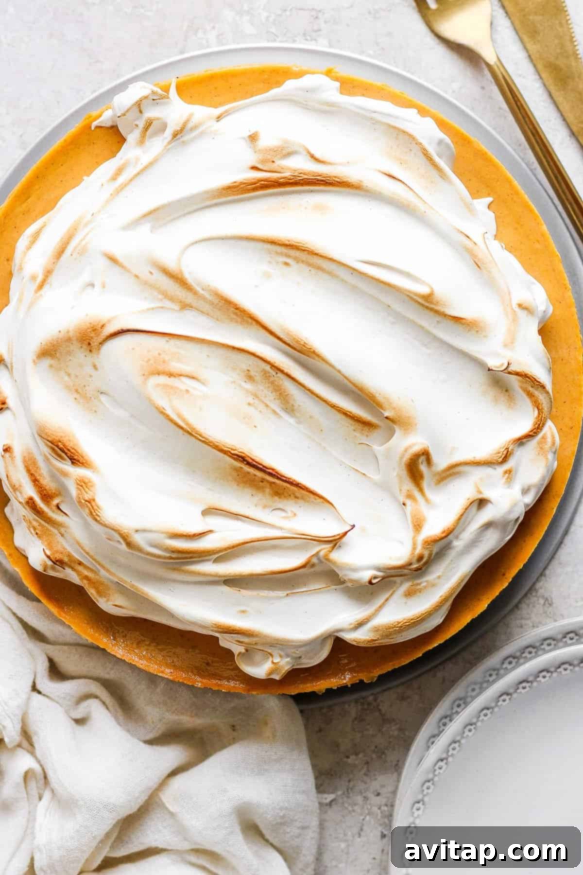 A beautifully toasted brown sugar Swiss meringue topping adorning a pie, with golden-brown peaks and a soft, fluffy interior.