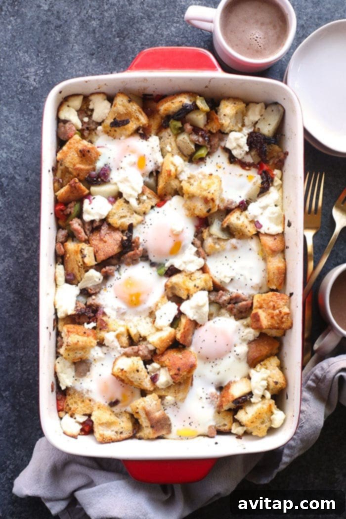 A finished spicy Italian sausage casserole, golden brown and bubbling, artfully presented in a rustic baking dish, ready to be served for a festive brunch or breakfast.