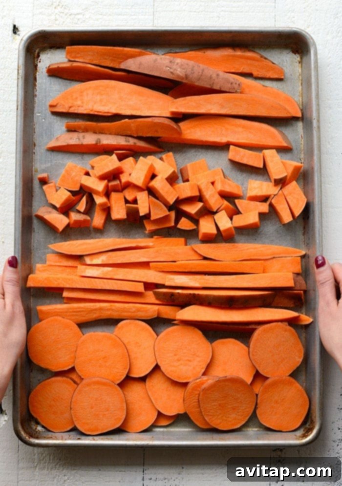 Roasted sweet potatoes can be cut into cubes, fries, rounds, or wedges and can be prepared in less than 30 minutes! wedges, cubes, fries, and rounds of sweet potatoes