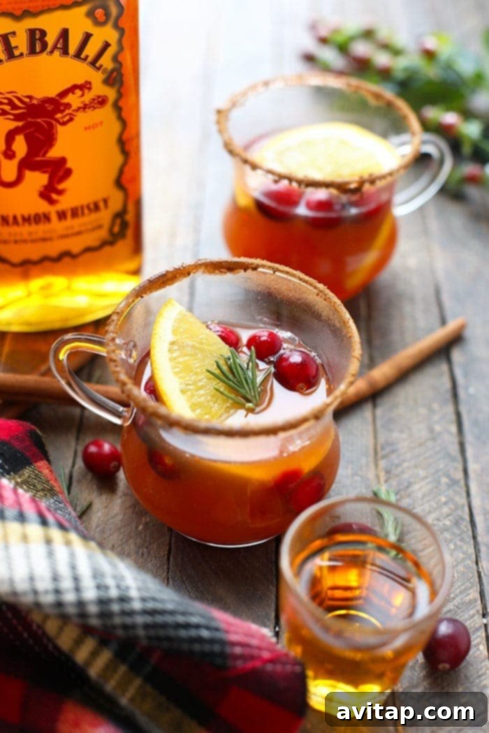 Cozy cup of apple cider hot toddy, garnished with an orange slice and cinnamon stick, on a rustic surface.