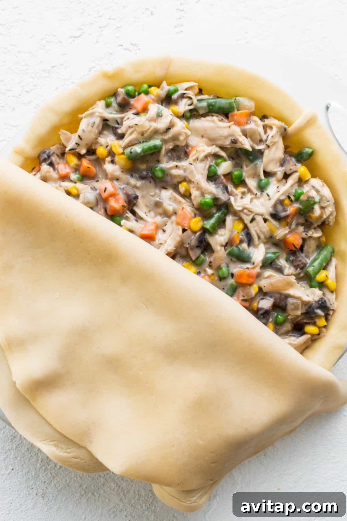 A golden, flaky pot pie filled with a rich mixture of chicken and vegetables, served on a white plate, ready to be enjoyed.