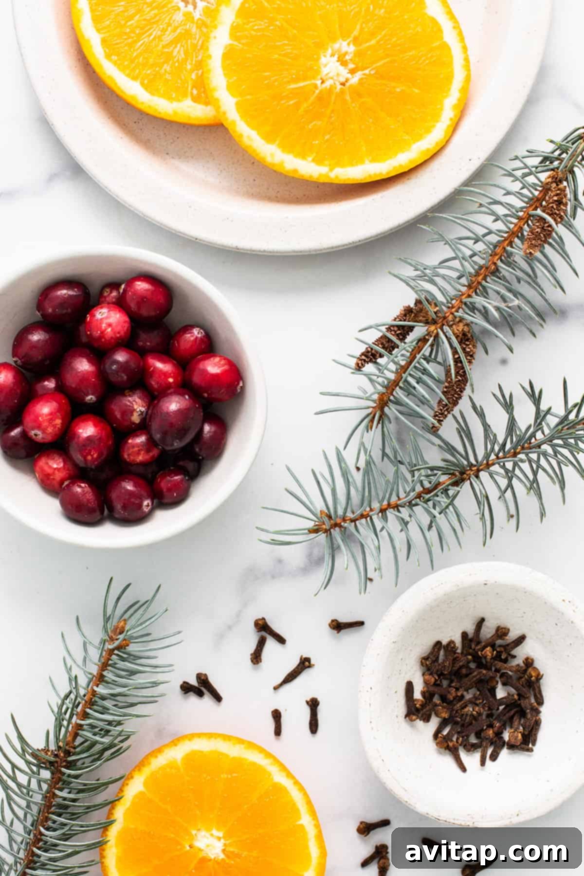 Fresh cranberries, bright orange slices, and fragrant pine cones arranged beautifully on a marbled kitchen surface, ready for a festive simmer pot.