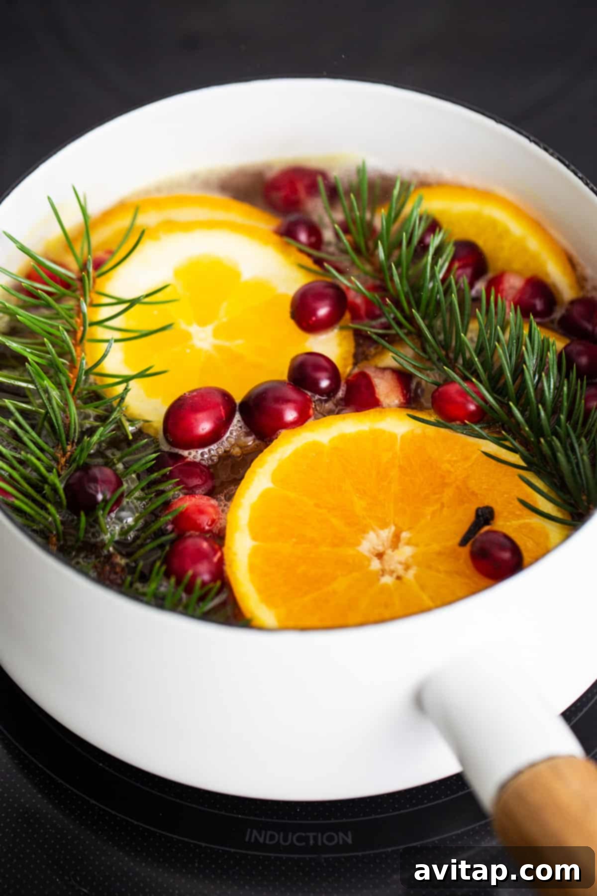 A festive pot of oranges, cranberries, and sprigs of fir, beautifully arranged and ready to simmer, symbolizing the warmth and aroma of the holidays.