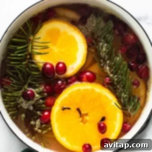 A close-up of a pot filled with bright orange slices, red cranberries, and green fir sprigs, ready to be simmered into a fragrant holiday potpourri.
