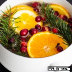 A pot simmering with oranges, cranberries, and fir sprigs, releasing a fragrant aroma.