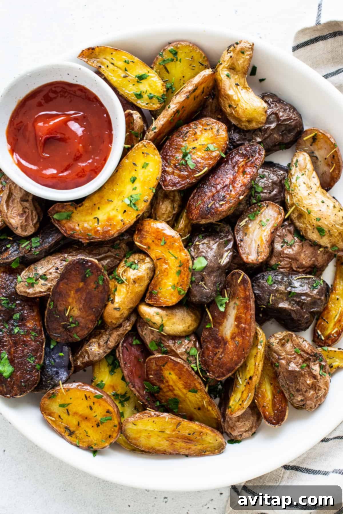 bowl of roasted potatoes and ketchup.