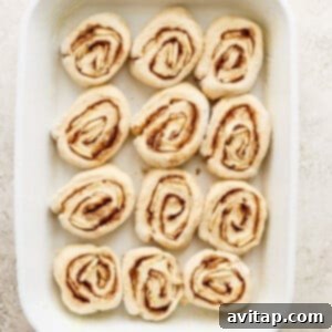 Cinnamon rolls in a white baking dish.