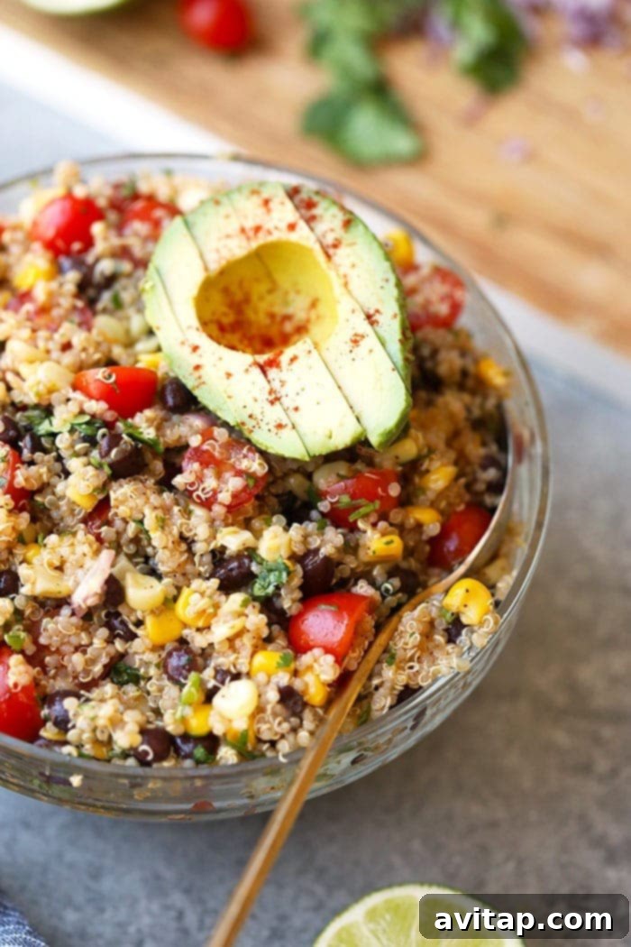 Another view of the delicious Southwest Quinoa Salad, emphasizing its vibrant colors and wholesome ingredients.