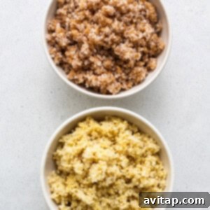 Two bowls of quinoa and brown rice.