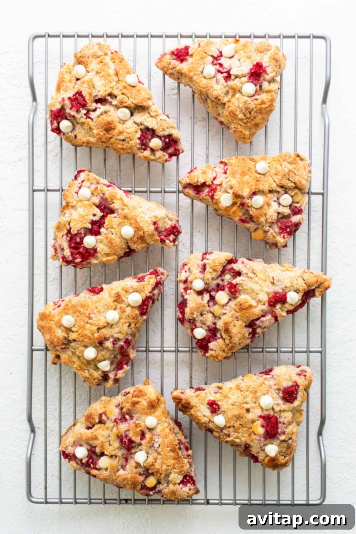 Freshly baked cranberry scones on a wire cooling rack, showing their delicate crumb and golden finish.