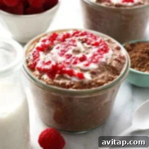 Chocolate raspberry overnight oats with whipped cream and raspberries.