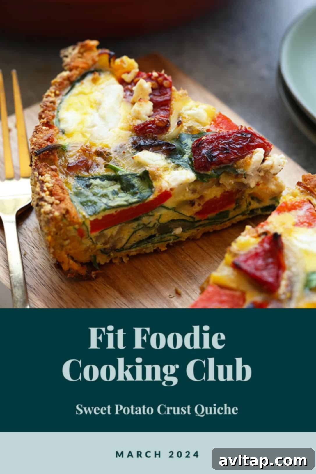 The March Wellness Culinary Club 2 A vibrant slice of sweet potato crust quiche, elegantly garnished with fresh spinach leaves and bright red bell pepper strips, presented on a plate as the star recipe for the Fit Foodie Cooking Club's March 2024 challenge. The golden-brown crust and colorful filling are enticing, showcasing a healthy and homemade meal.