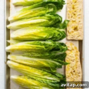 Flame-Kissed Caesar with Crispy Charred Croutons 9 Fresh heads of romaine lettuce and slices of bread arranged on a baking tray, prepped with olive oil.