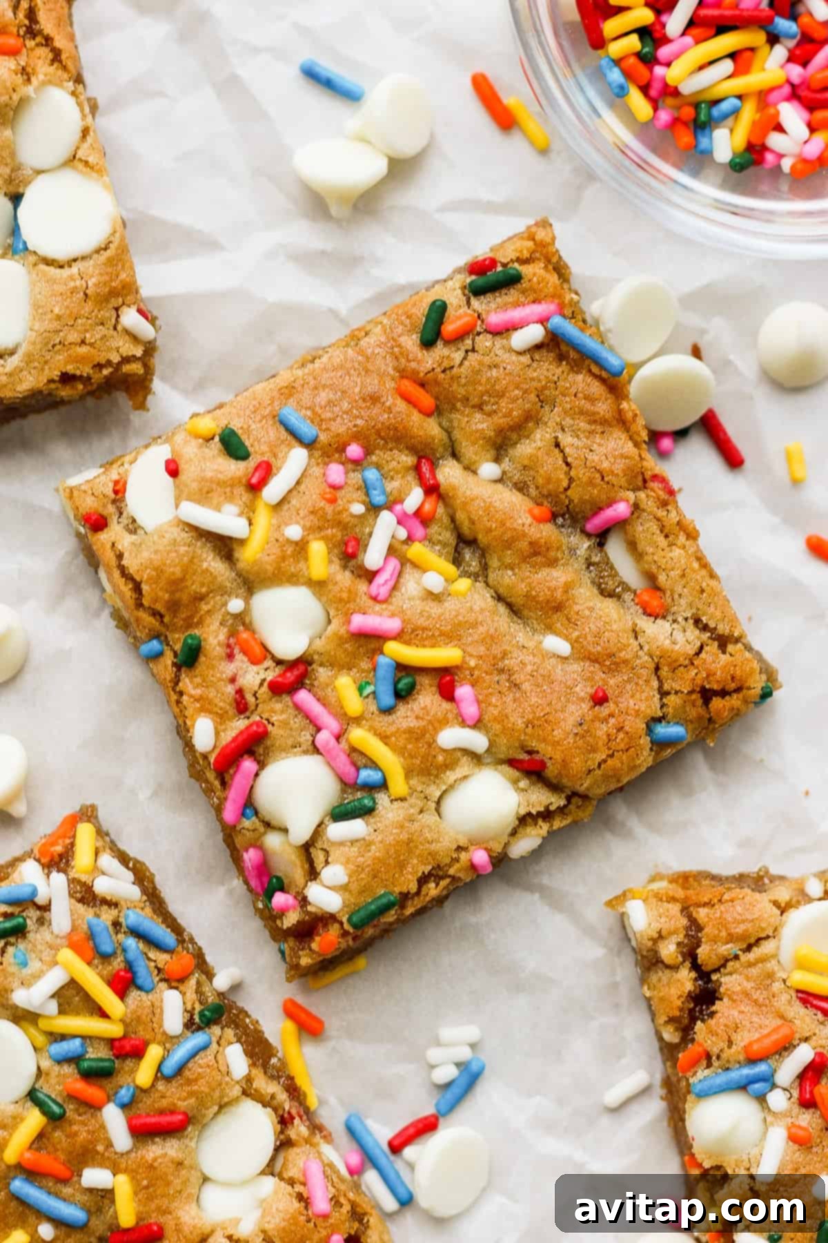 Close-up of vibrant White Chocolate Funfetti Blondies with colorful sprinkles and visible white chocolate chips, arranged artfully.