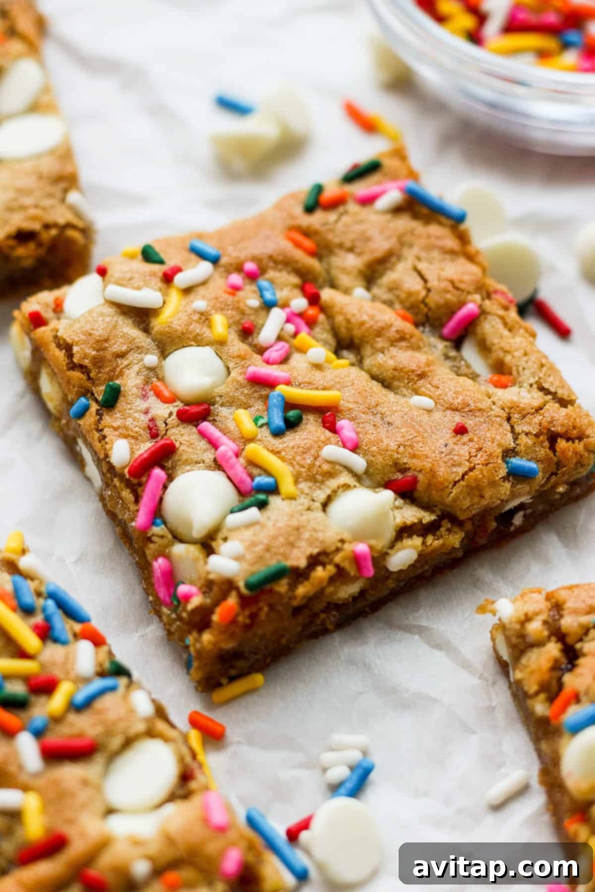 Stack of square White Chocolate Funfetti Blondies, glistening with white chocolate and colorful sprinkles, on a rustic surface.