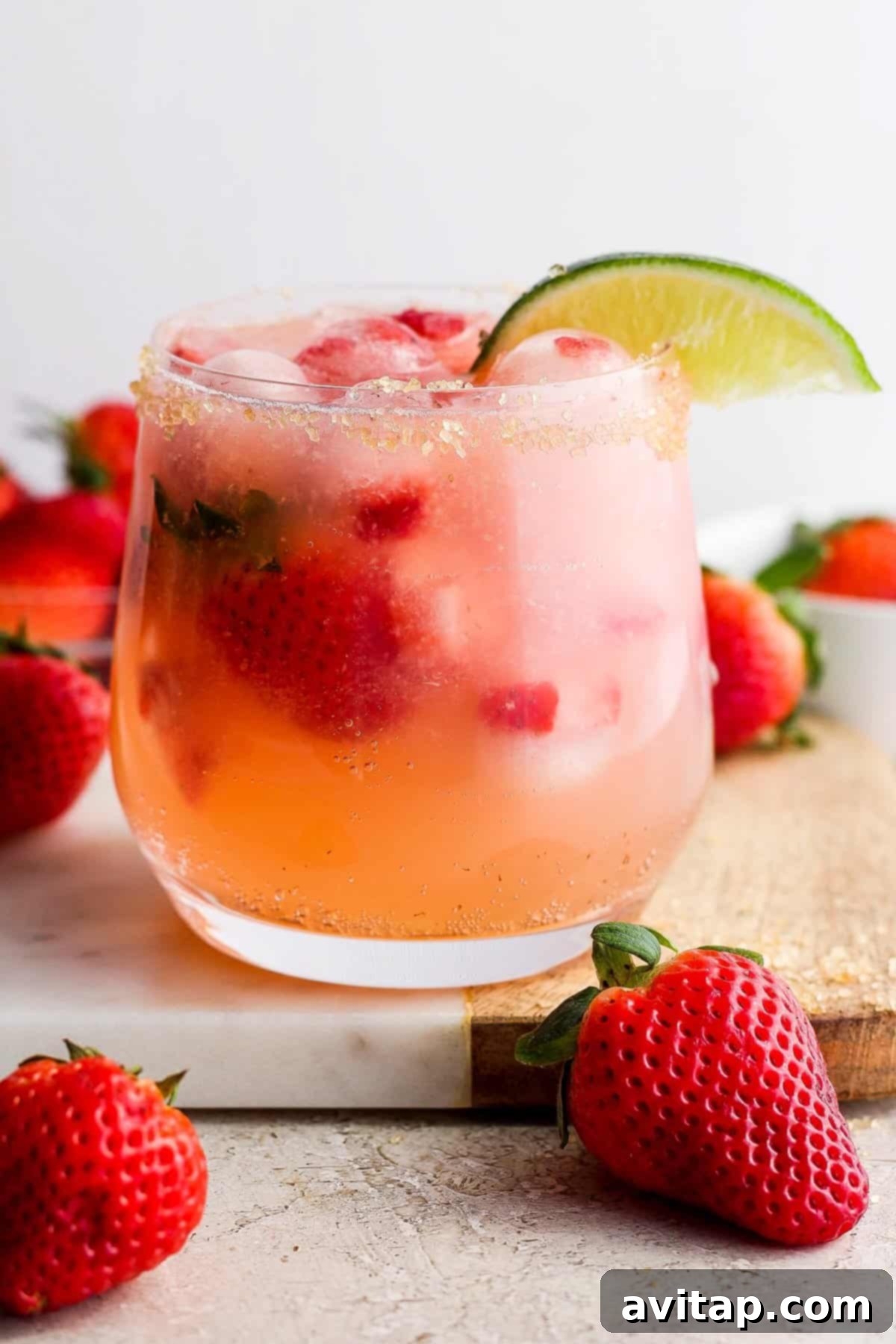Sparkling Strawberry Margarita 2 A refreshing strawberry cocktail garnished with lime, served on a coaster with fresh strawberries around it.