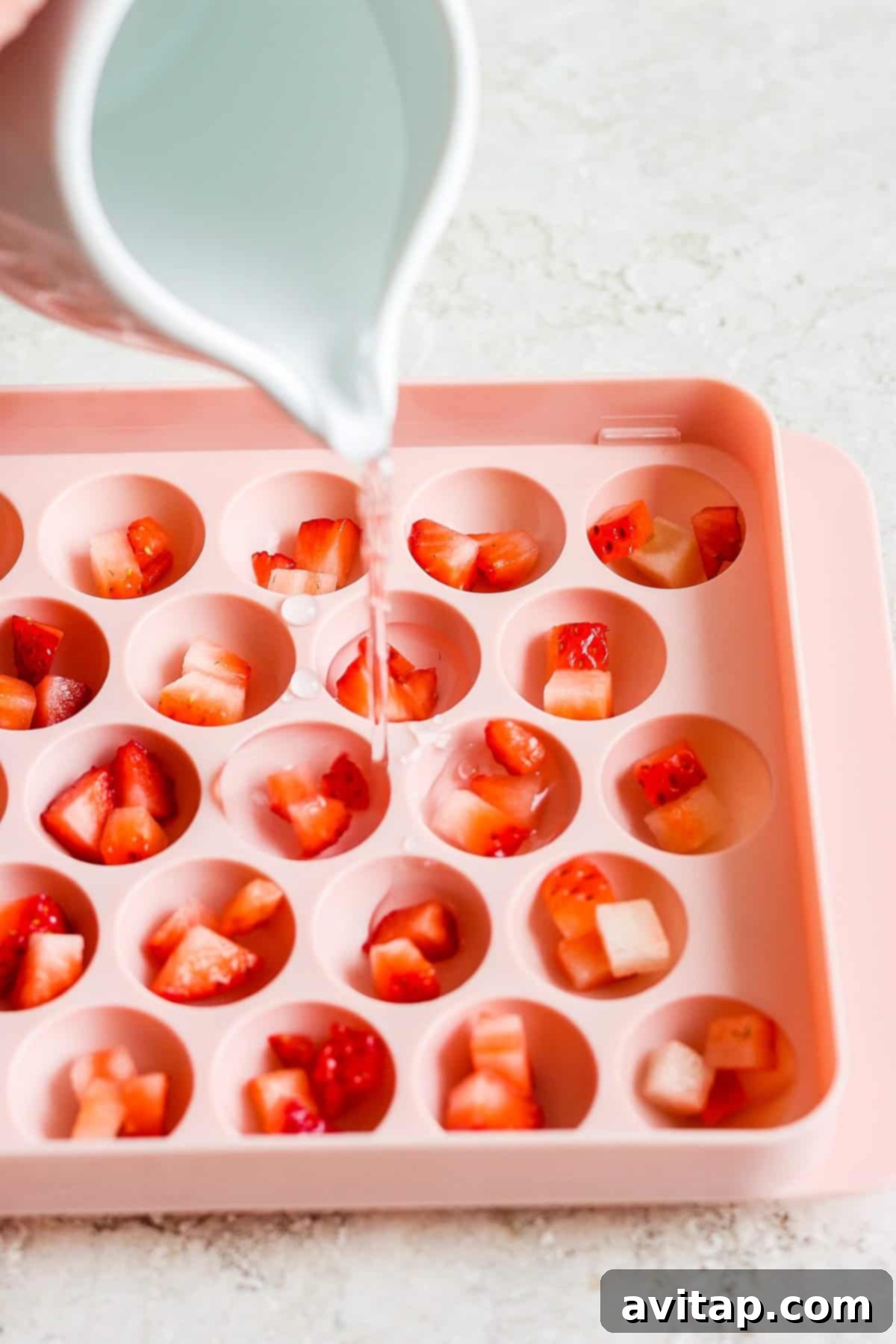 Sparkling Strawberry Margarita 3 Pouring liquid into an ice cube tray filled with diced strawberries.