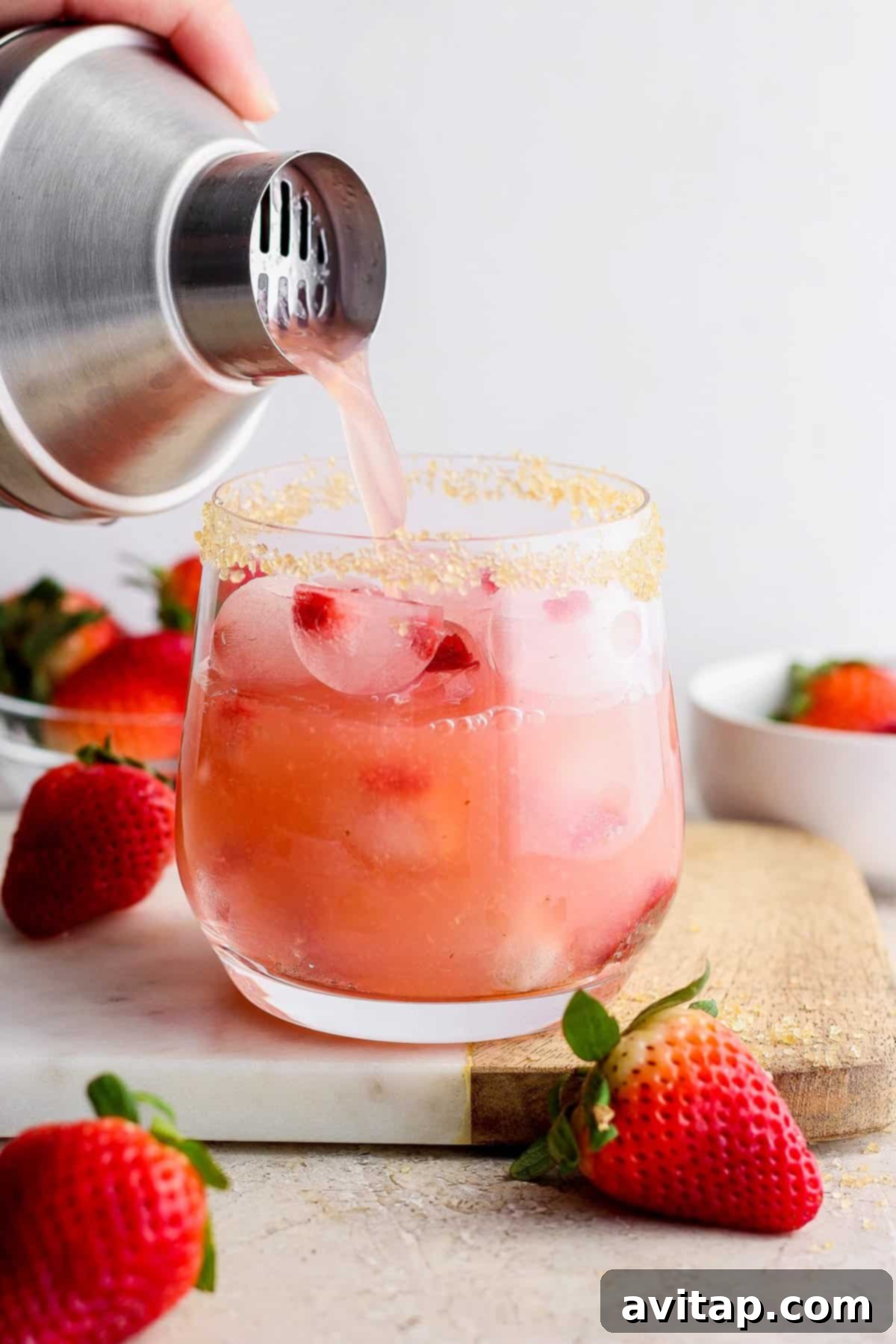 Sparkling Strawberry Margarita 4 Pouring a beverage into a glass rimmed with sugar, accompanied by fresh strawberries.