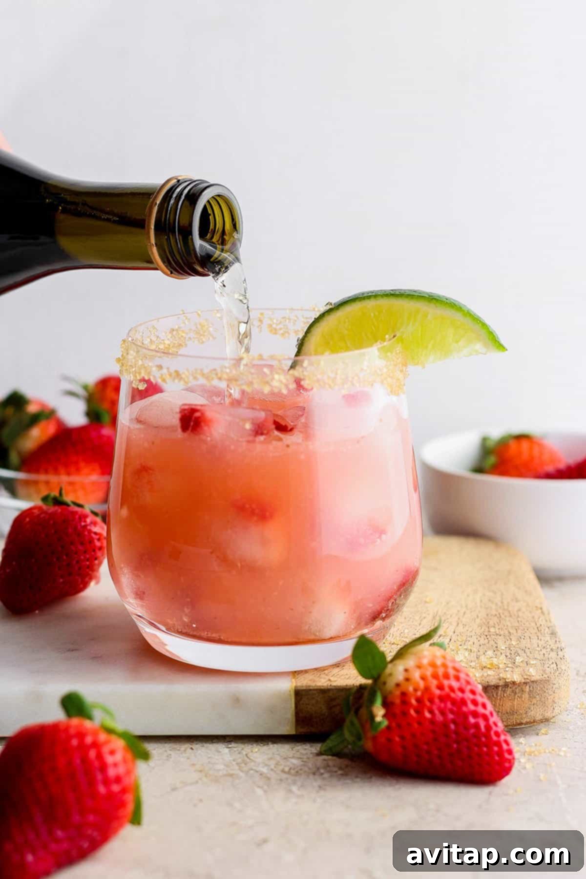 Sparkling Strawberry Margarita 5 Pouring a drink into a strawberry cocktail garnished with a lime slice.