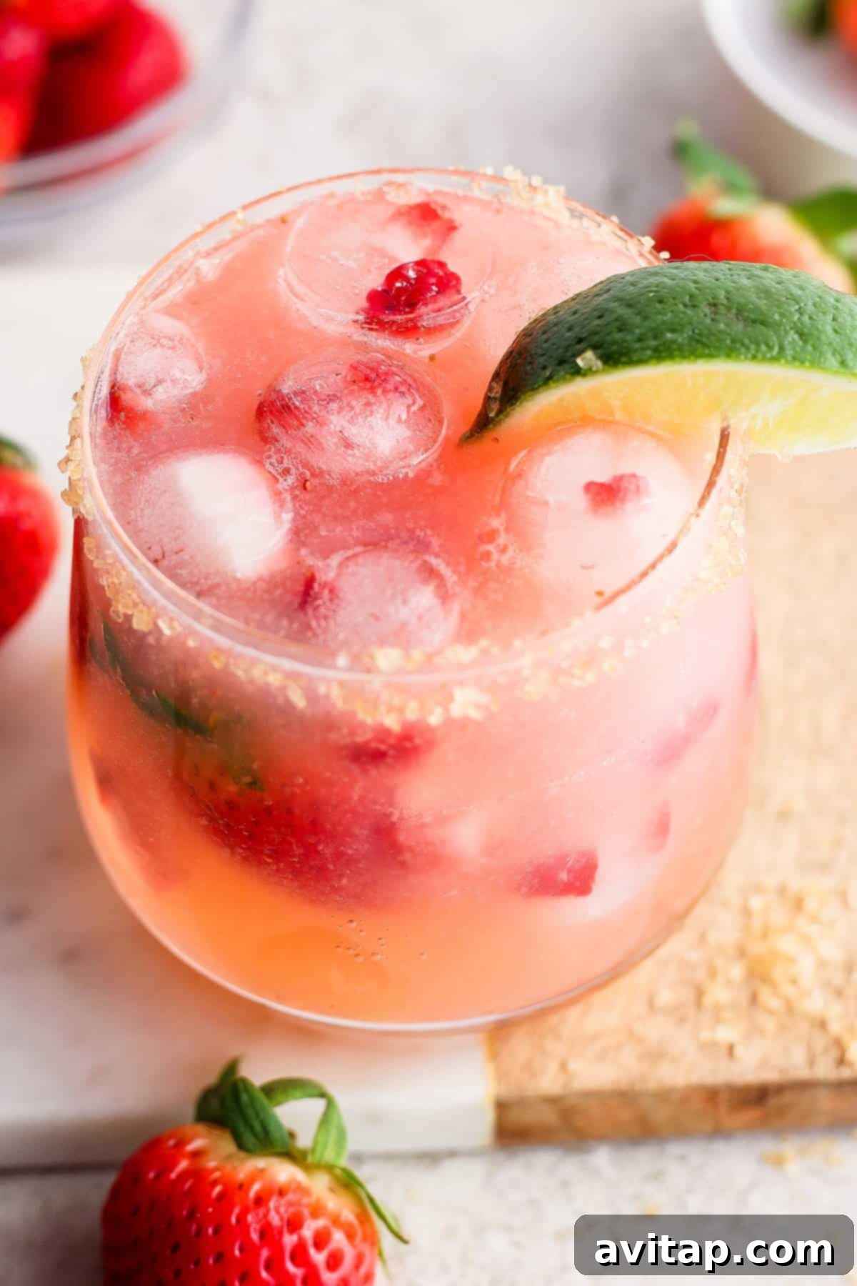Sparkling Strawberry Margarita 6 A refreshing strawberry cocktail garnished with a lime slice and served over ice.