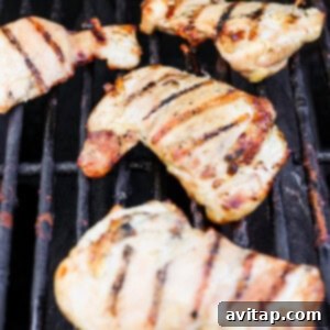 Grilled chicken breasts with grill marks on a barbecue grill.