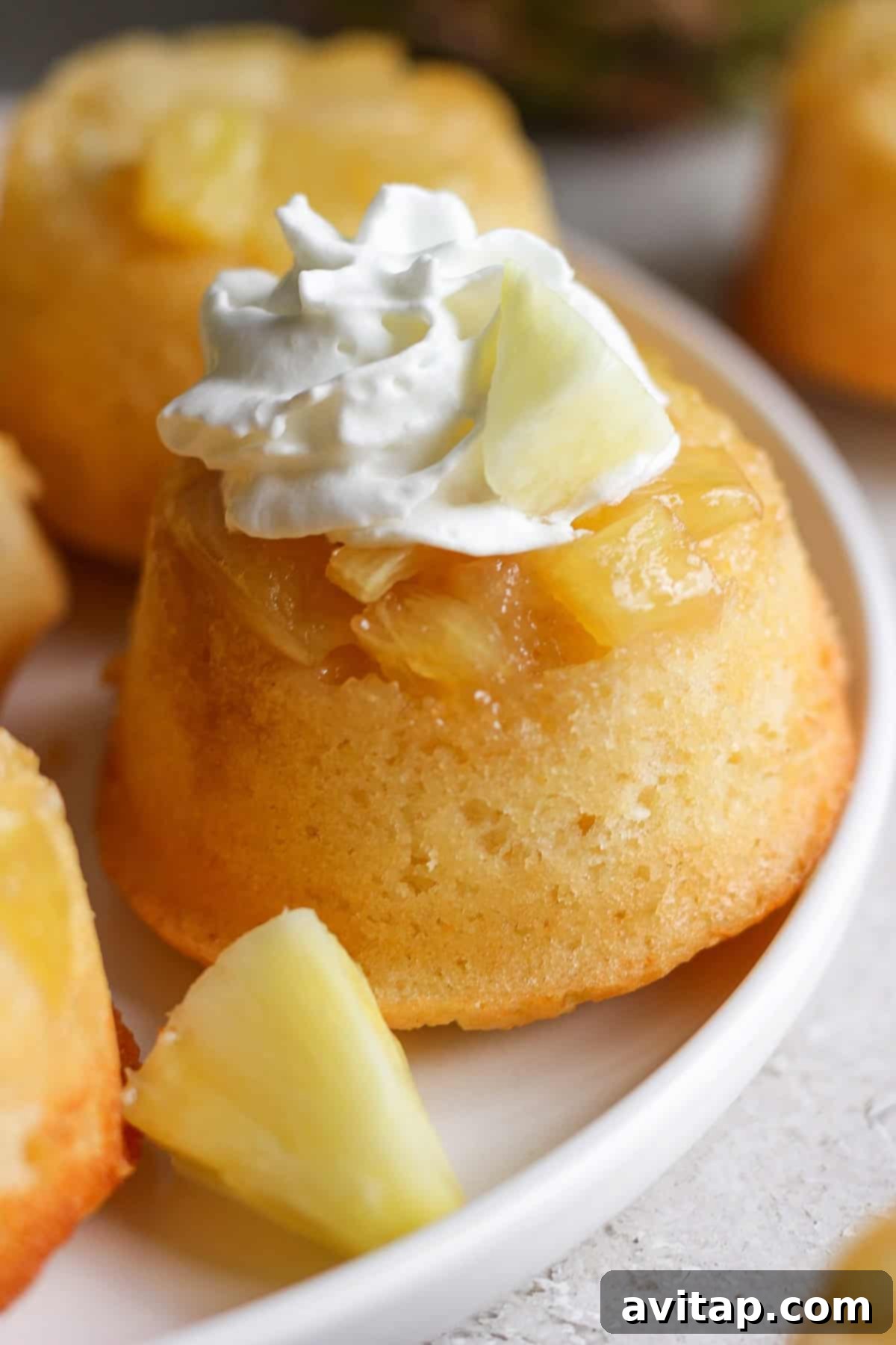 Close-up of a pineapple upside-down cake topped with whipped cream and pineapple chunks on a white plate.