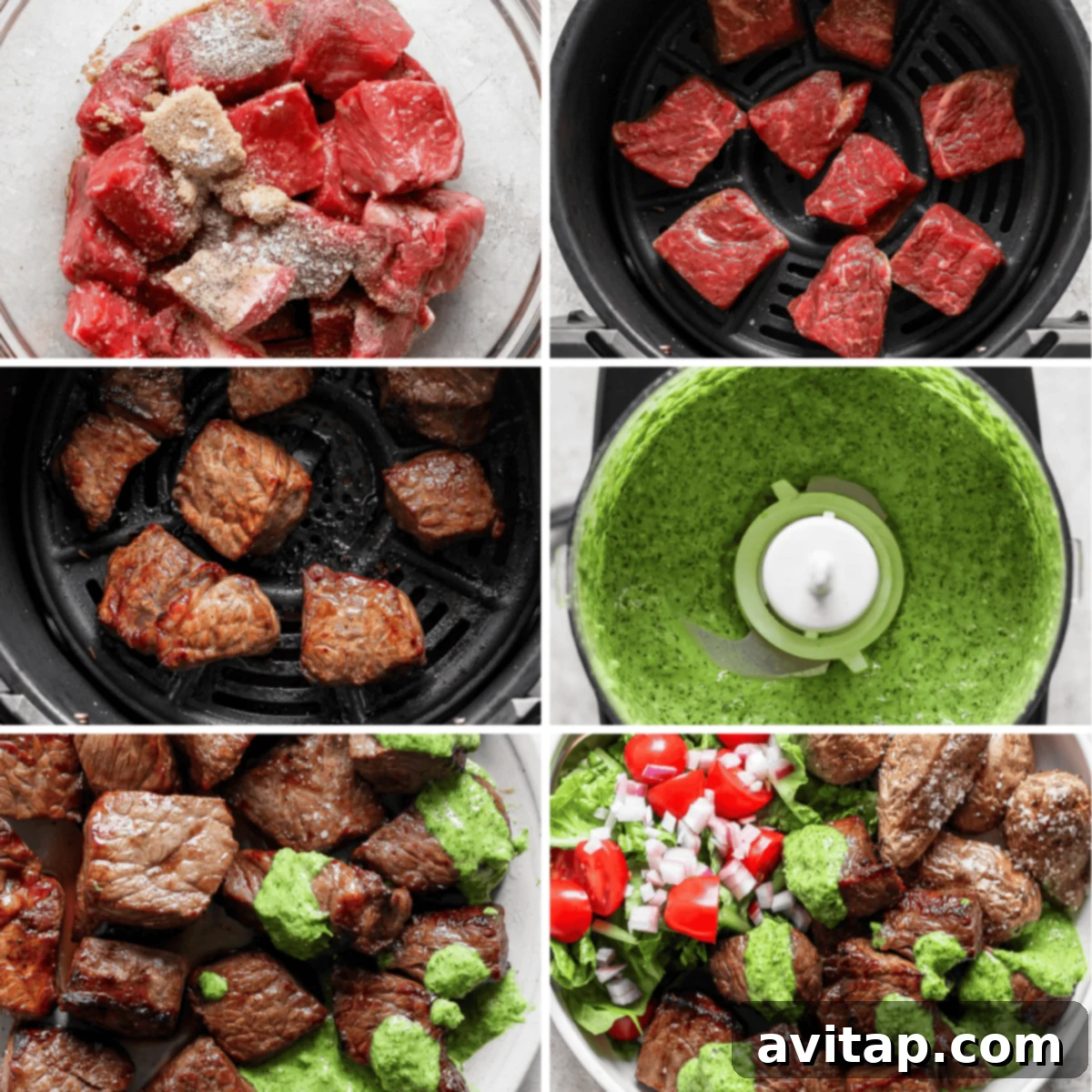 Effortless Air Fryer Steak Bites 4 A medium shot of an air fryer basket containing uniformly cooked and browned steak bites, appearing crispy and tender, with a light bokeh background.