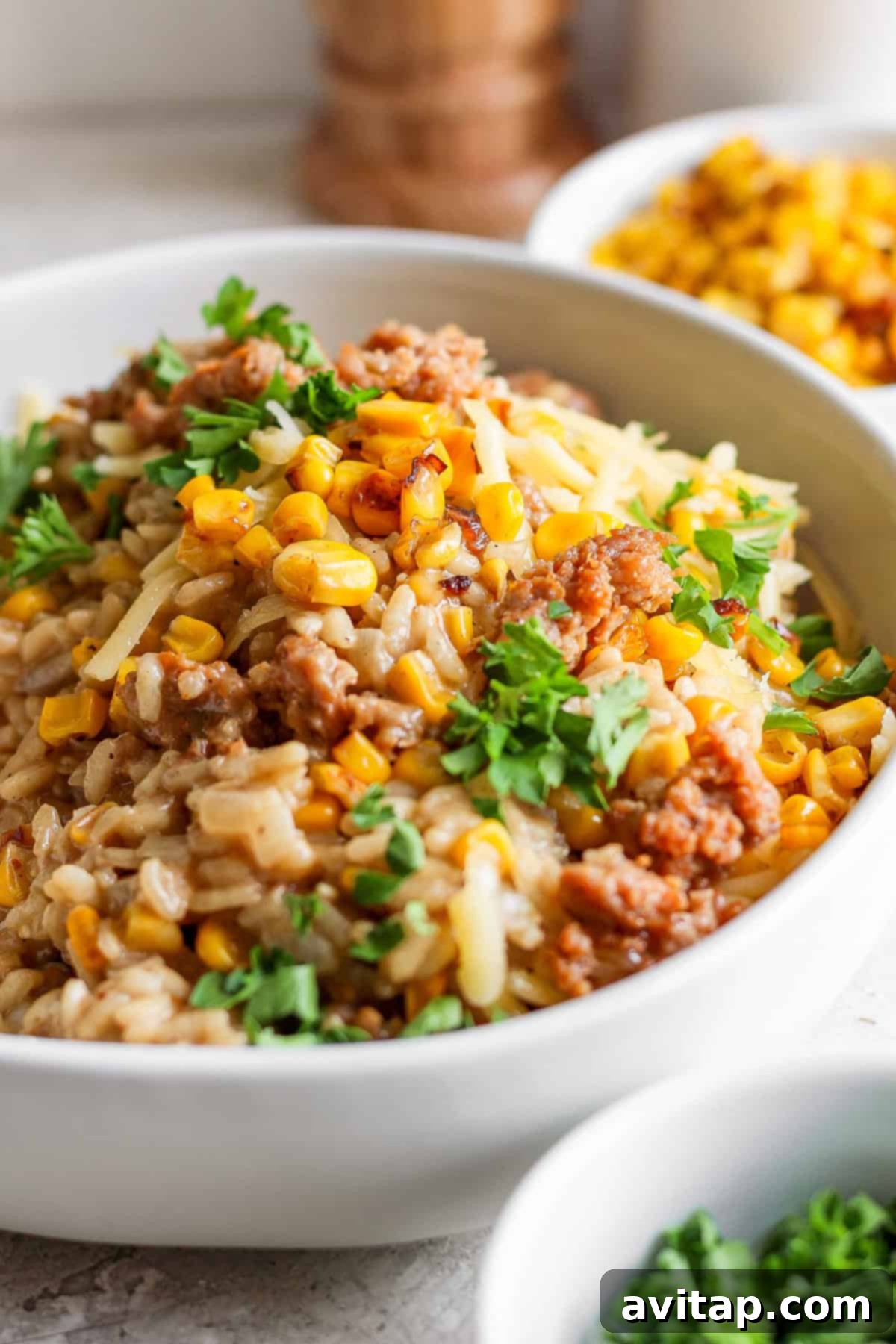 A generous serving of sweet corn risotto in a rustic bowl, garnished with browned ground meat, vibrant corn kernels, a delicate sprinkle of shredded cheese, and fresh parsley. The background shows other delicious food dishes, slightly blurred, suggesting a bountiful meal spread.
