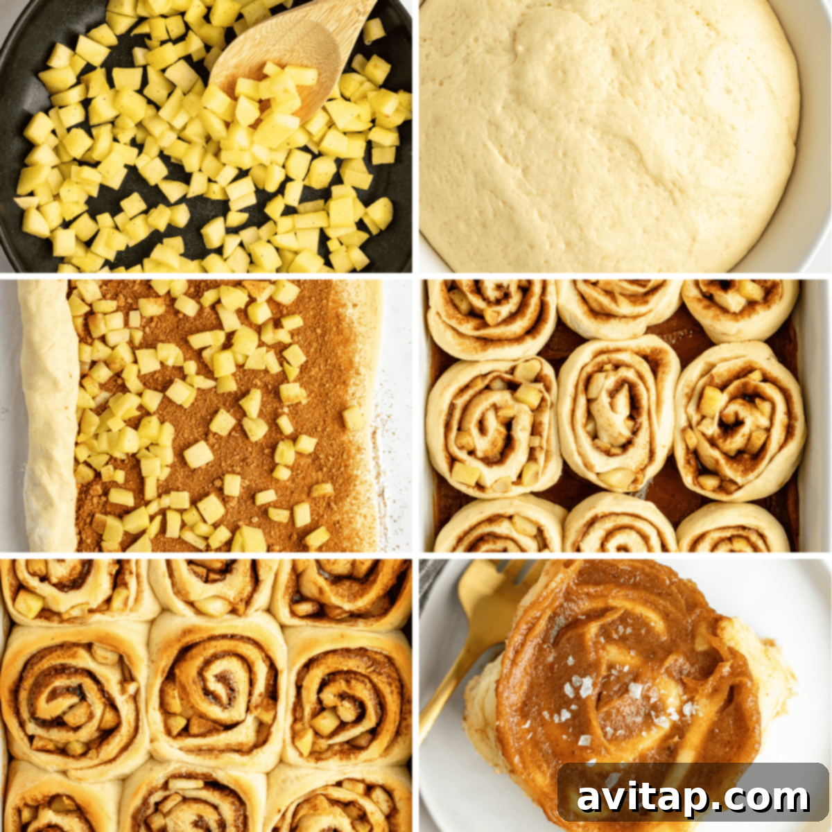 Six-step process of making cinnamon rolls with a diced apple filling, showing stages from mixing dough and filling with apples and cinnamon to rolling, baking, and the final glazed rolls.