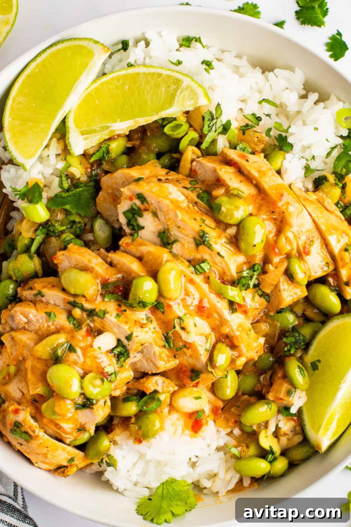 A vibrant bowl of Skillet Coconut Chicken served over white rice, garnished with fresh edamame, a wedge of lime, and fragrant cilantro, showcasing a perfect balance of flavors and colors.