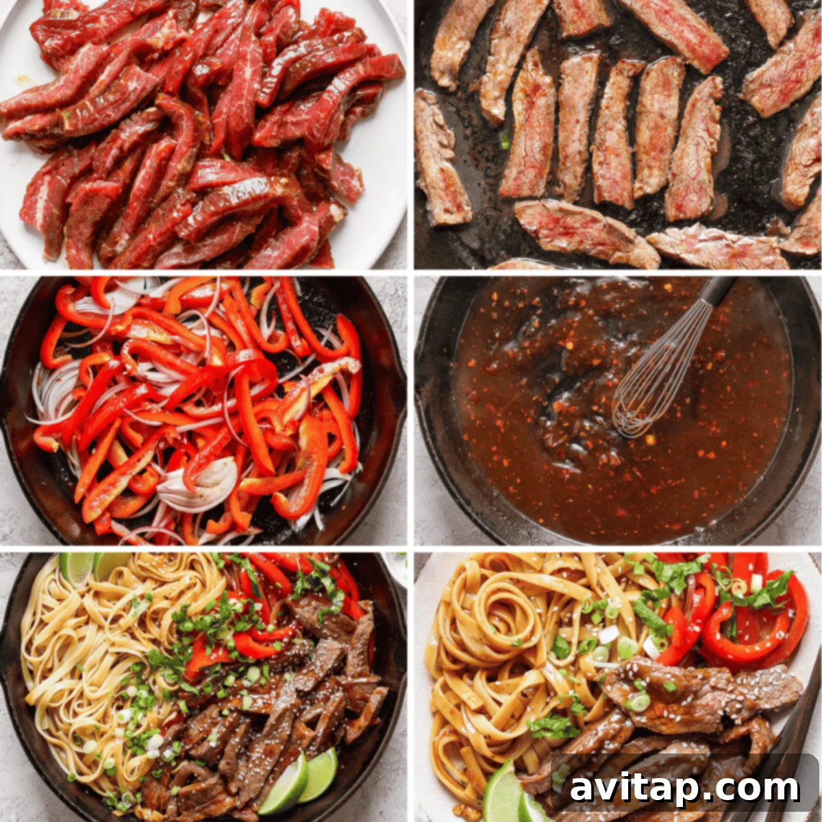 Six images showing the steps to prepare beef stir-fry with noodles: marinated beef, cooked beef strips, sliced onions and peppers, sauce preparation, noodles with vegetables, and final plated dish with garnish.