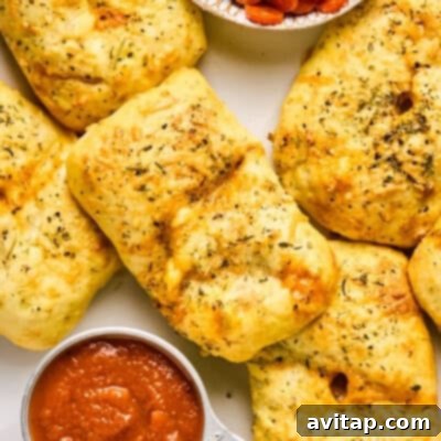 Golden-brown stuffed bread rolls, reminiscent of delightful pizza hot pockets, are sprinkled with aromatic herbs and neatly arranged next to a small, inviting bowl of rich tomato sauce on a pristine white surface.