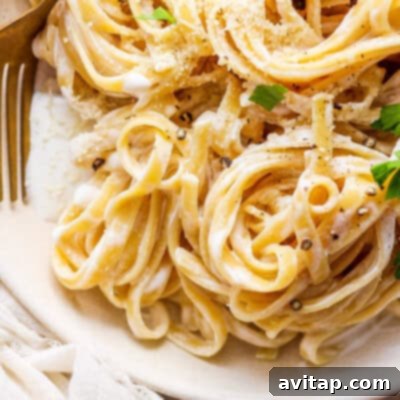 A hearty plate of pasta, generously coated in a creamy sauce, garnished with finely grated parmesan cheese and fresh parsley, ready to be enjoyed.