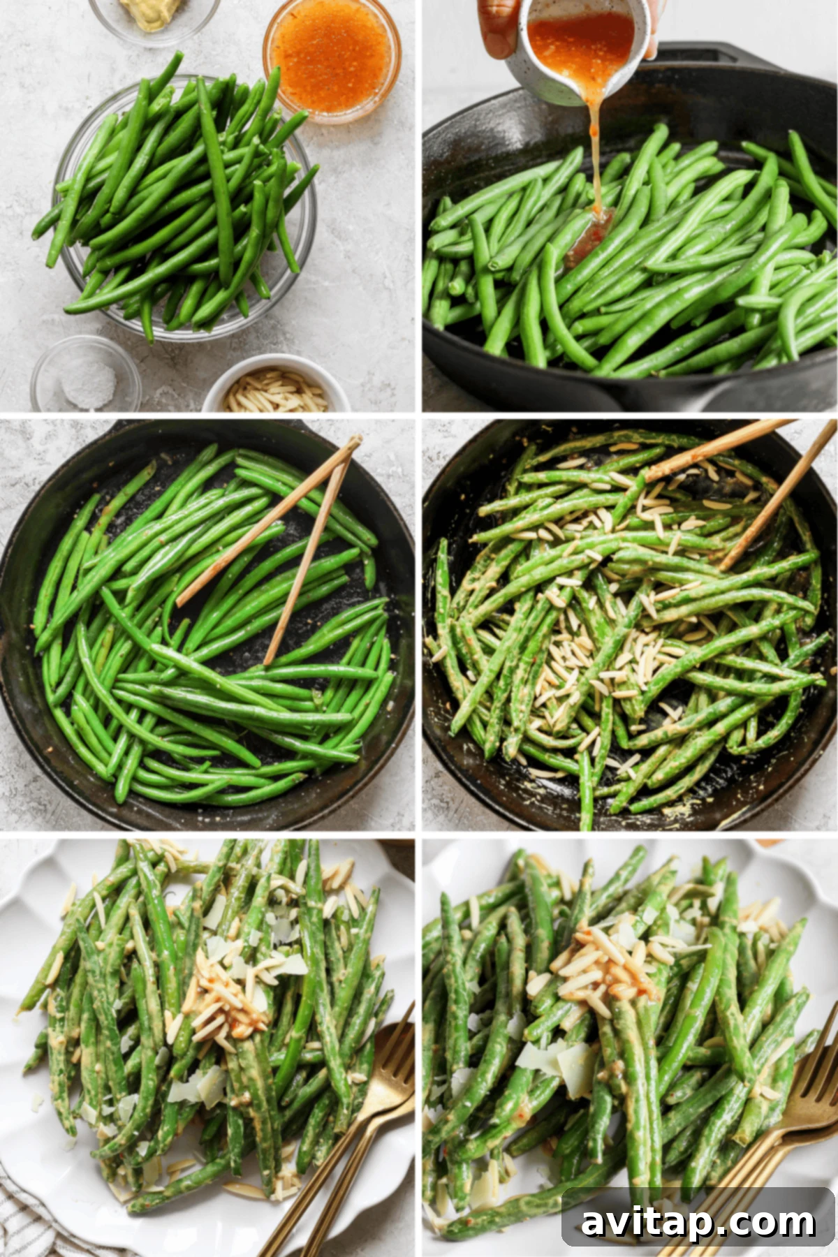 A visual six-step cooking process demonstrating green beans being prepared: from initial blanching or steaming, mixing with a savory sauce, sautéing in a hot pan, garnishing with delicate slivered almonds, to the final elegant presentation on a plate, highlighting the ease and deliciousness of the dish.