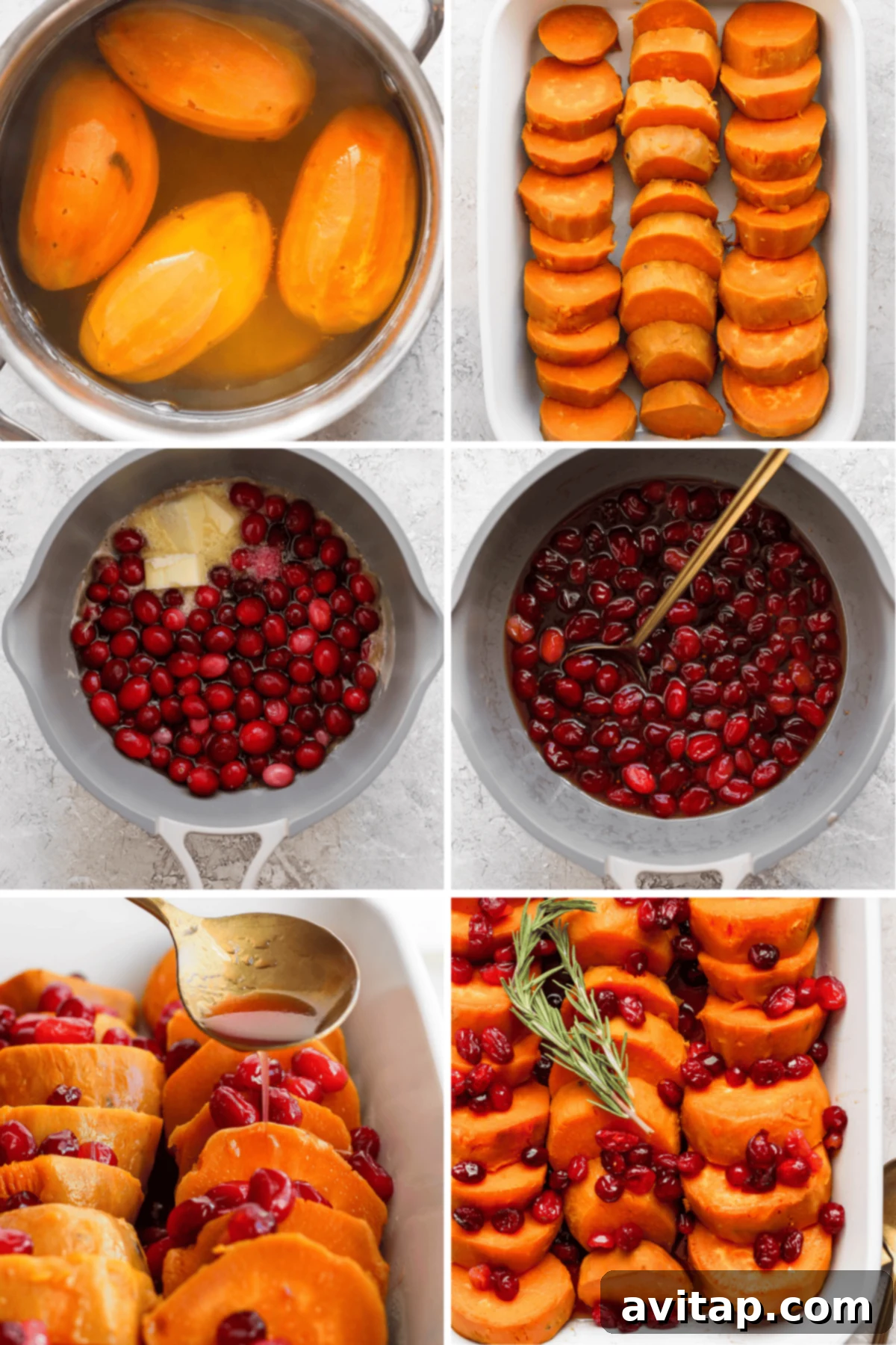 Boiling sweet potatoes, sliced in a dish, mixing cranberries in sauce, spooning sauce over potatoes, and garnished with rosemary.