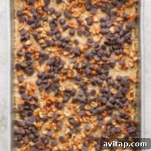 A glistening silver baking pan holding an uncut dessert, generously topped with an abundant layer of chocolate chips and finely chopped nuts.