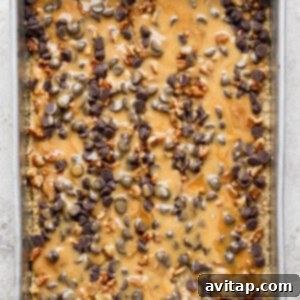 A baking tray showcasing a dessert masterpiece, exquisitely topped with a luscious drizzle of melted caramel, an abundance of rich chocolate chips, and a sprinkle of finely chopped nuts.