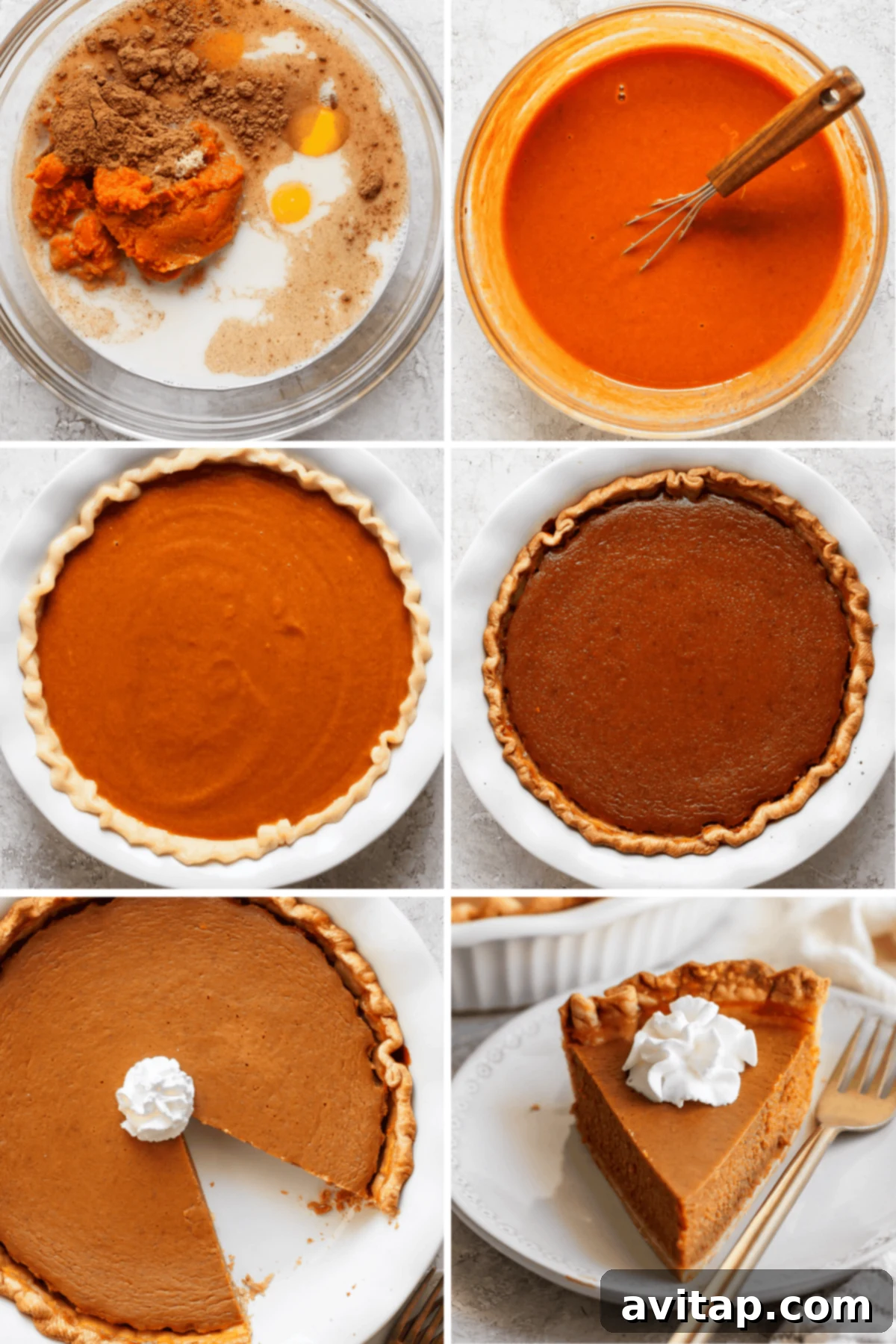 Perfectly Spiced Pumpkin Pie 3 A step-by-step process of making a pumpkin pie, featuring mixture ingredients, batter pouring into crust, baked pie, and a served slice with whipped cream on top.