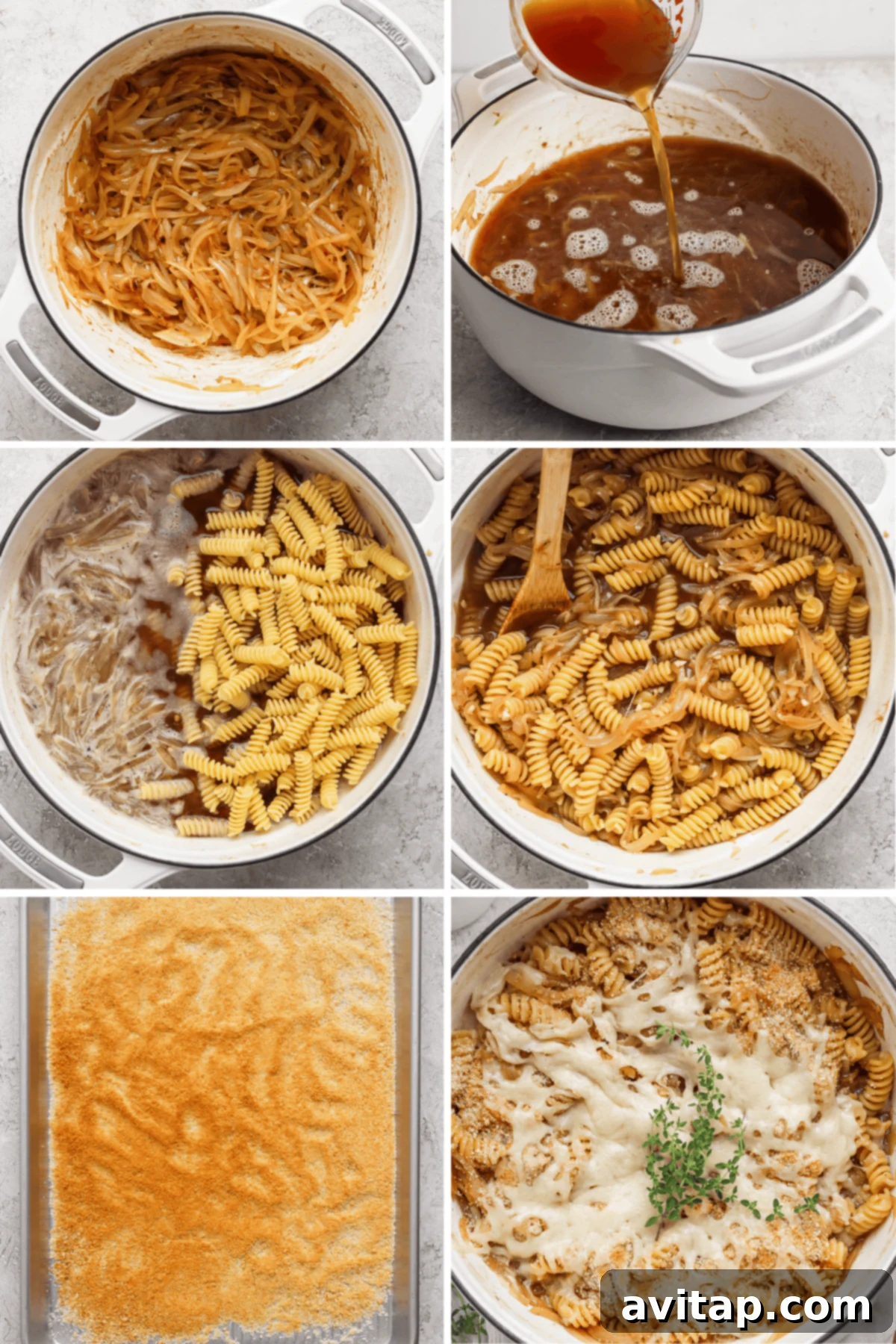 Sweet and Savory Onion Pasta 3 Step-by-step process of making a pasta bake: sautéing onions, adding broth, mixing with pasta, baking with cheese.