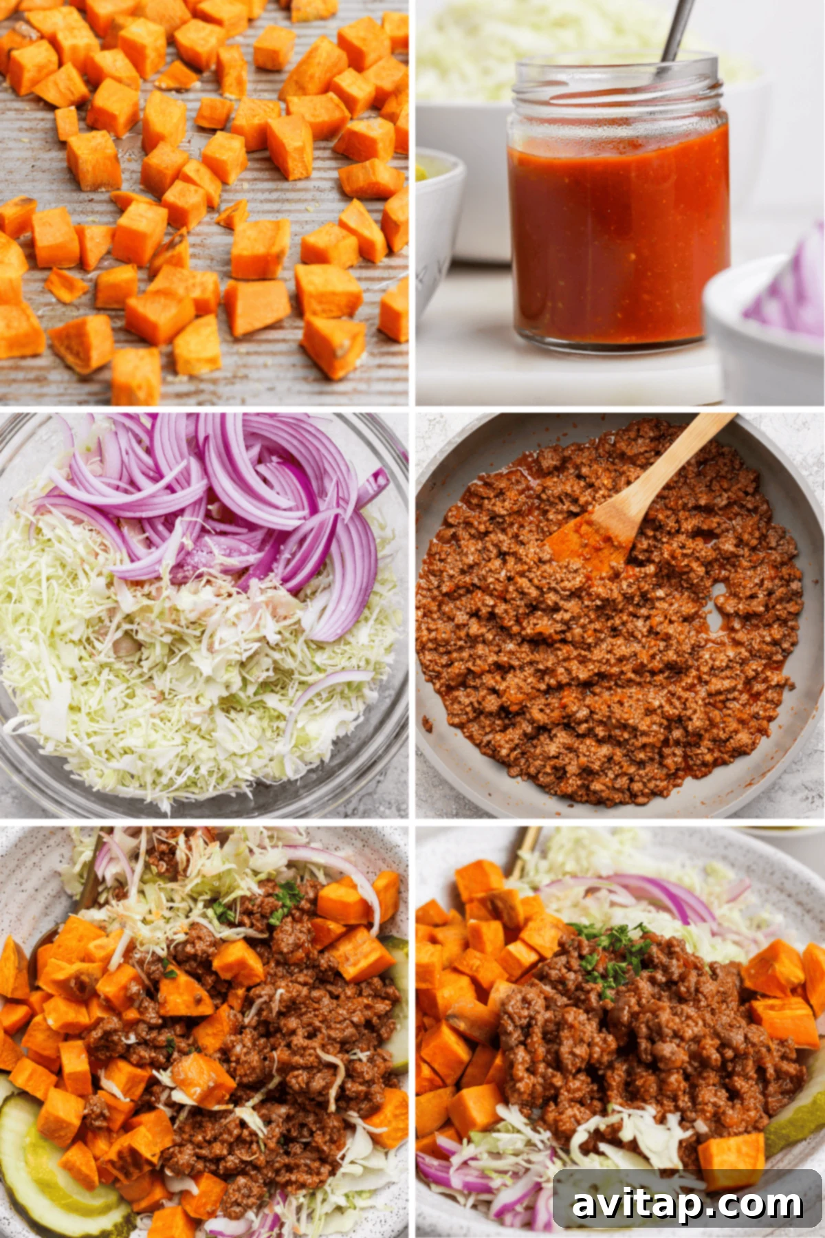 A visual sequence showcasing the preparation of Sloppy Joe Bowls: diced sweet potatoes, homemade red sloppy joe sauce in a jar, a bowl of prepared cabbage and red onion slaw, and a final assembled bowl with the cooked mixture.