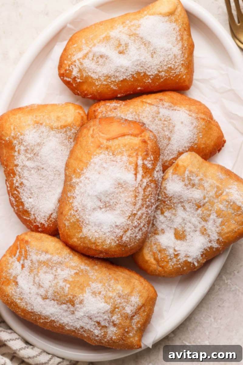 Nonna Marie's Crispy Fried Pizza 2 A plate of six sugar-dusted beignets on a white dish.