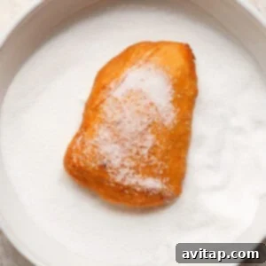 A sugar-covered pastry sits on a plate filled with granulated sugar.